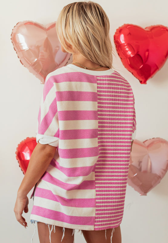 High-Low Striped Round Neck Short Sleeve T-Shirt-Street 360-Pink-S-Urbanheer