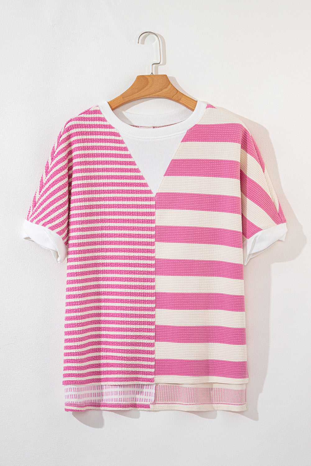High-Low Striped Round Neck Short Sleeve T-Shirt-Street 360-Pink-S-Urbanheer