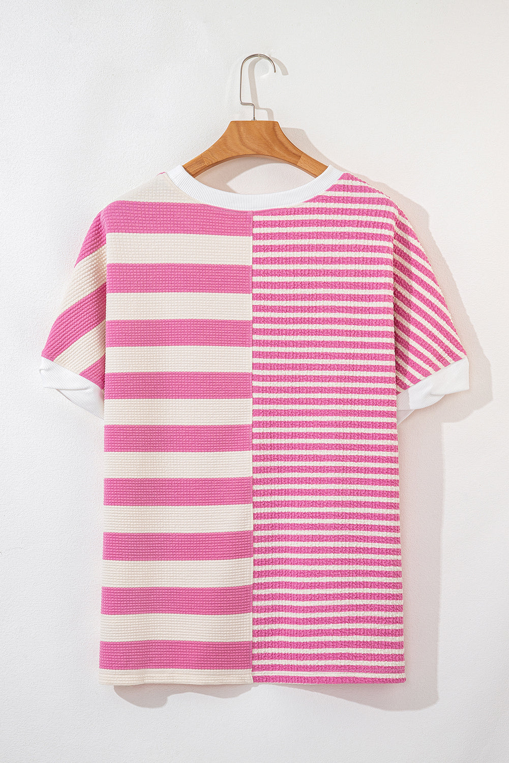 High-Low Striped Round Neck Short Sleeve T-Shirt-Street 360-Pink-S-Urbanheer