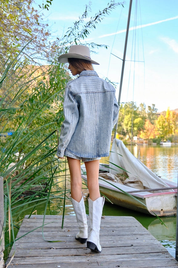 High Luxury Embellished Sparkle Stone Stripe Jacket LIGHT WASH-Jacket-Blue B-S-LIGHT WASH-Urbanheer