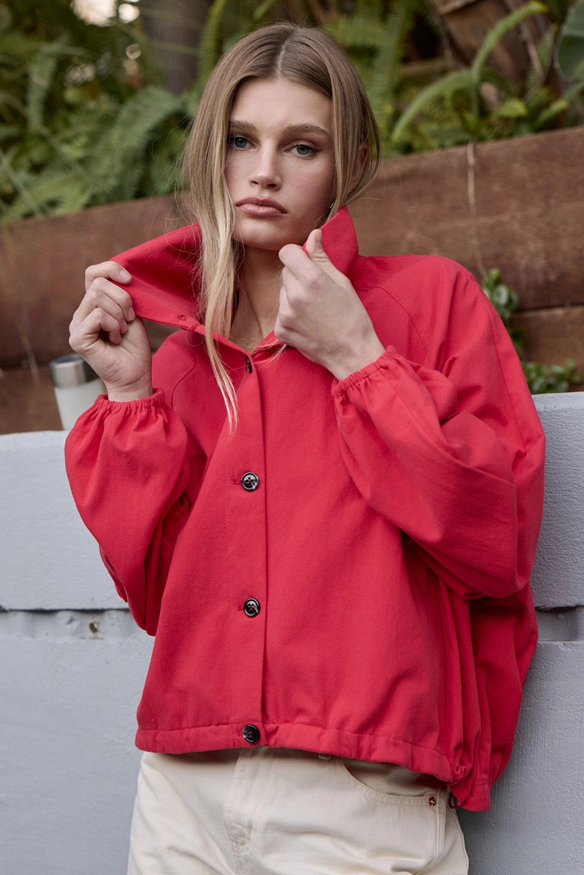High Neck Button-Up Jacket - Red