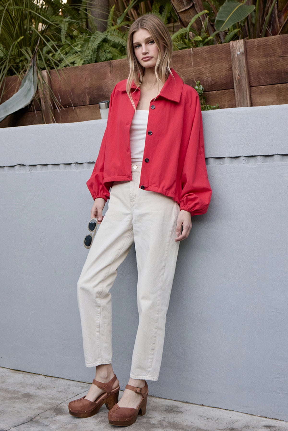 High Neck Button-Up Jacket - Red