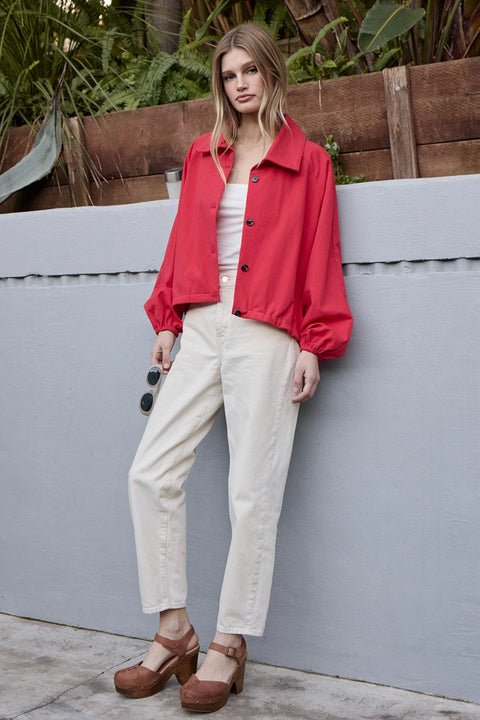 High Neck Button-Up Jacket - Red