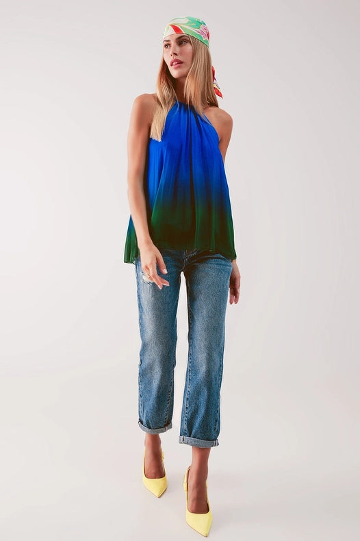 High Neck Pleat Top In Blue Ombre-Top-Q2-One Size-Blue-Urbanheer