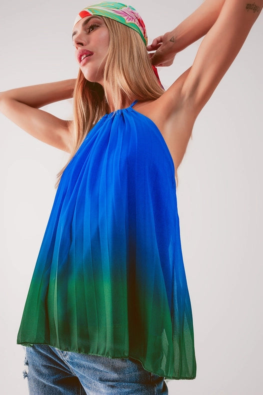 High Neck Pleat Top In Blue Ombre-Top-Q2-One Size-Blue-Urbanheer