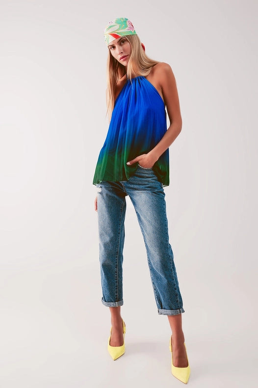 High Neck Pleat Top In Blue Ombre-Top-Q2-One Size-Blue-Urbanheer