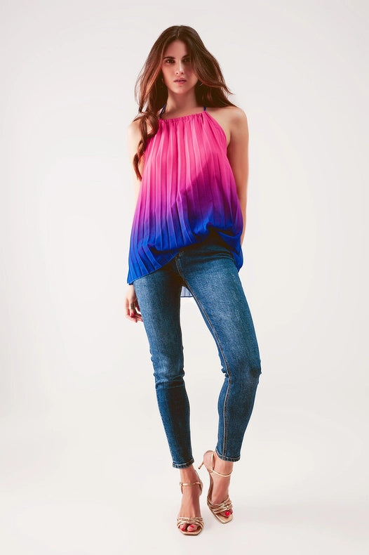 High Neck Pleat Top In Fuchsia Ombre-Top-Q2-One Size-Fuchsia-Urbanheer