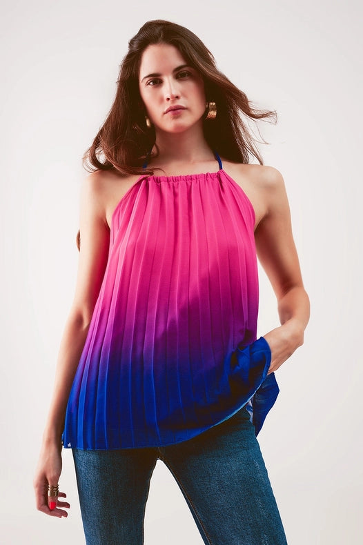 High Neck Pleat Top In Fuchsia Ombre-Top-Q2-One Size-Fuchsia-Urbanheer