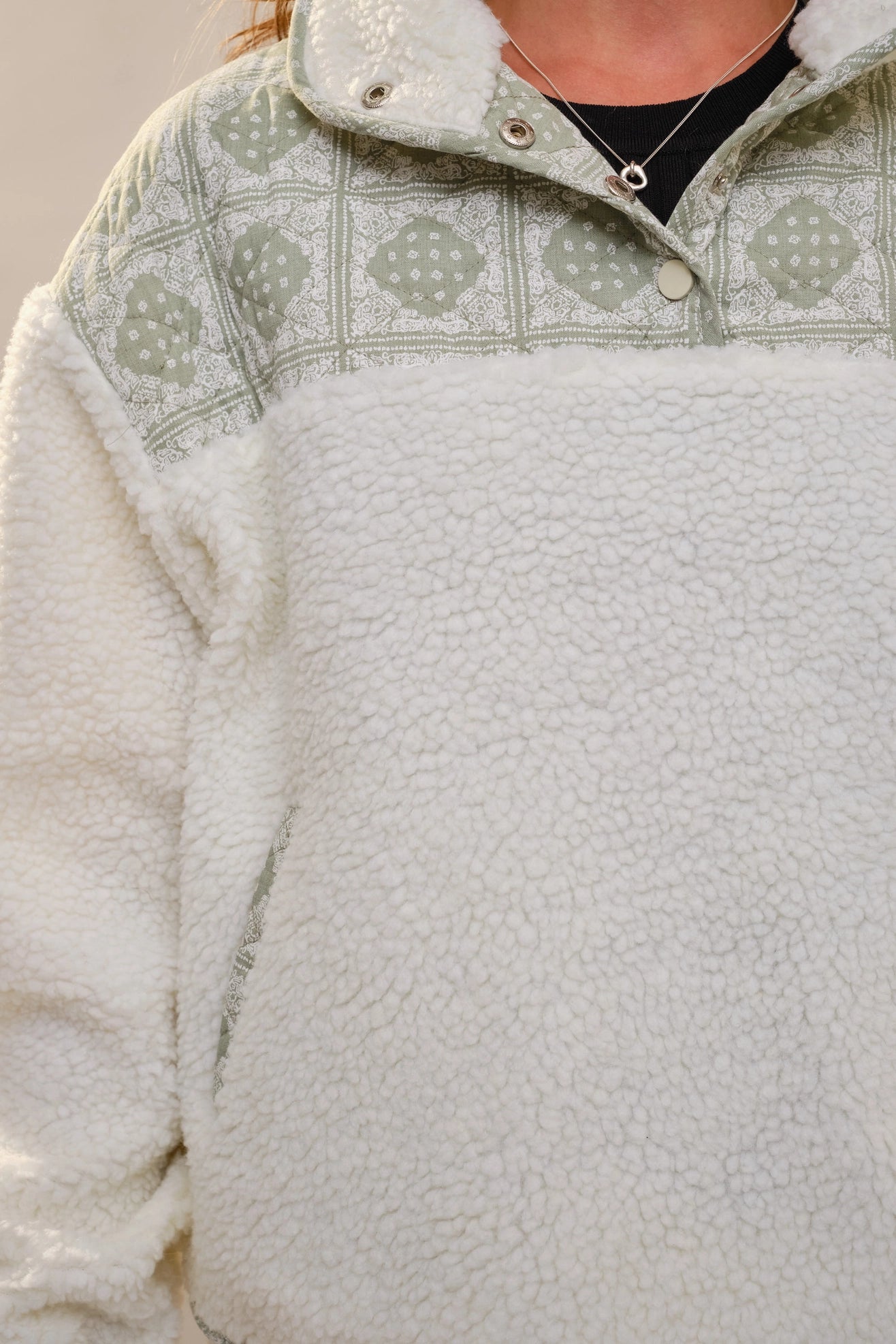 High Neck Sherpa Pullover with Quilted Contrast Yoke