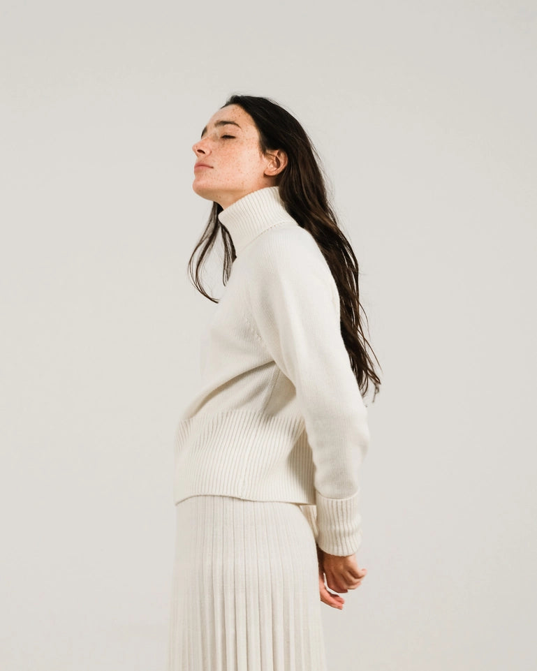High-Neck Sweater with Rolled Cuffs in Cashmere Blend Bianco Naturale-Sweater-LÈMME-S-Urbanheer