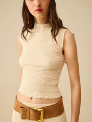 High Neck Textured Knit Sleeveless Top-Top-Q2-S-CREAM-Urbanheer