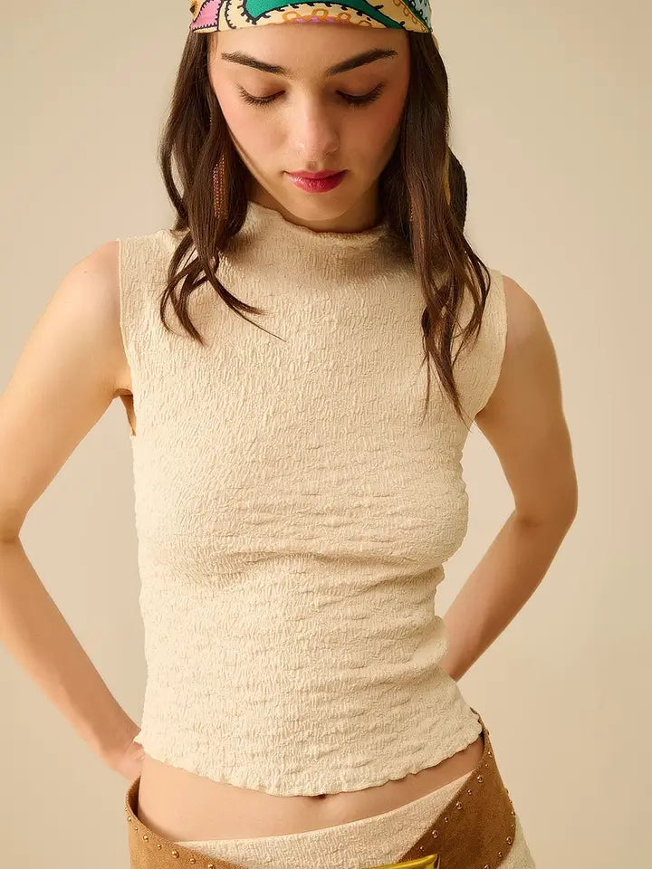 High Neck Textured Knit Sleeveless Top-Top-Q2-S-CREAM-Urbanheer