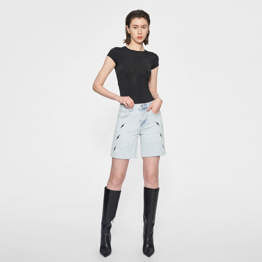 High Rise Bermuda Denim Shorts with Raw Hem-Bermuda Shorts-BAYEAS-XS-BABY BLUE-Urbanheer