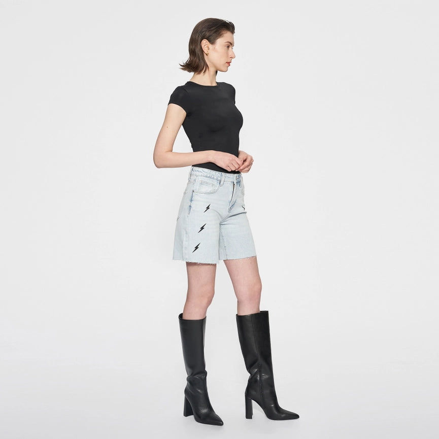 High Rise Bermuda Denim Shorts with Raw Hem-Bermuda Shorts-BAYEAS-XS-BABY BLUE-Urbanheer