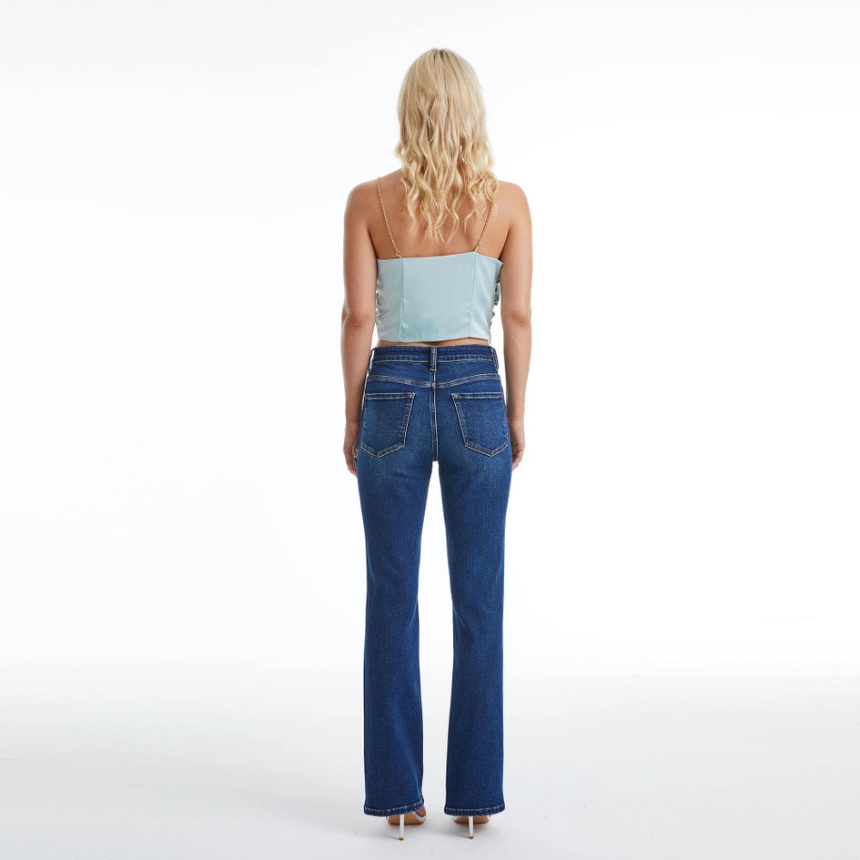High Rise Bootcut Jeans with Finished Hem DEEP SEA-Jeans-BAYEAS-26-DEEP SEA-Urbanheer