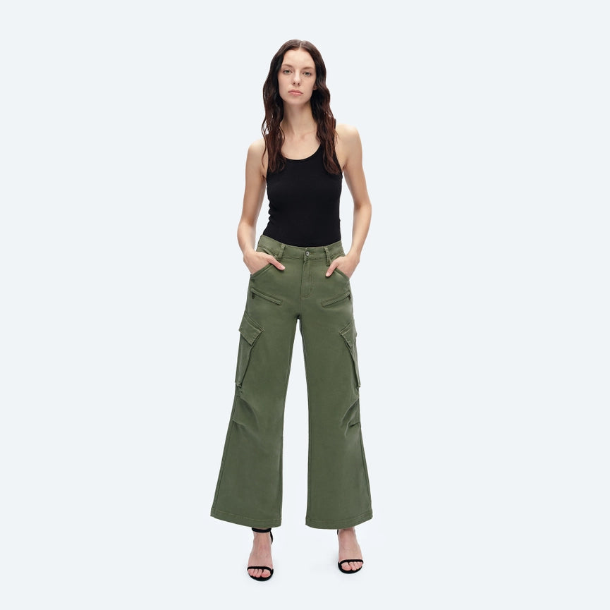 High Rise Cargo Wide Leg Twill Pants(Finished Hem) ARMY GREEN-Cargo Pants-BAYEAS-24-ARMY GREEN-Urbanheer