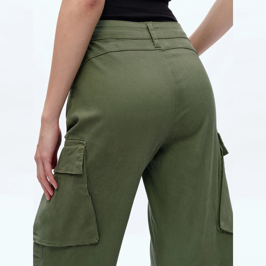 High Rise Cargo Wide Leg Twill Pants(Finished Hem) ARMY GREEN-Cargo Pants-BAYEAS-24-ARMY GREEN-Urbanheer