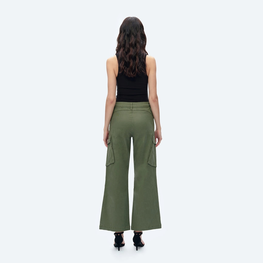 High Rise Cargo Wide Leg Twill Pants(Finished Hem) ARMY GREEN-Cargo Pants-BAYEAS-24-ARMY GREEN-Urbanheer