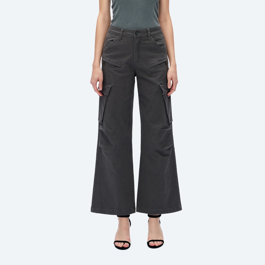 High Rise Cargo Wide Leg Twill Pants(Finished Hem) GRAY-Cargo Pants-BAYEAS-24-GRAY-Urbanheer