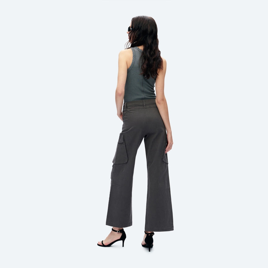 High Rise Cargo Wide Leg Twill Pants(Finished Hem) GRAY-Cargo Pants-BAYEAS-24-GRAY-Urbanheer