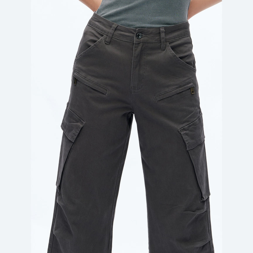 High Rise Cargo Wide Leg Twill Pants(Finished Hem) GRAY-Cargo Pants-BAYEAS-24-GRAY-Urbanheer