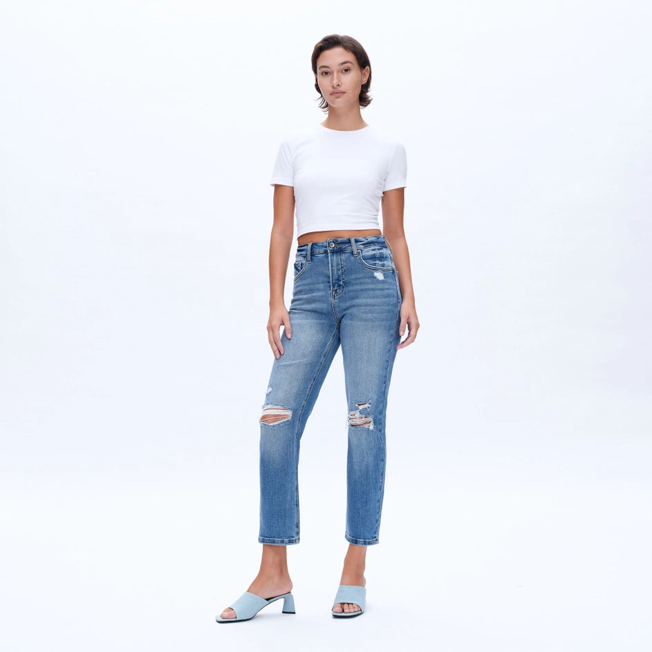 High Rise Crop Straight Jeans with Finished Hem CRYSTAL-Jeans-BAYEAS-24-CRYSTAL-Urbanheer