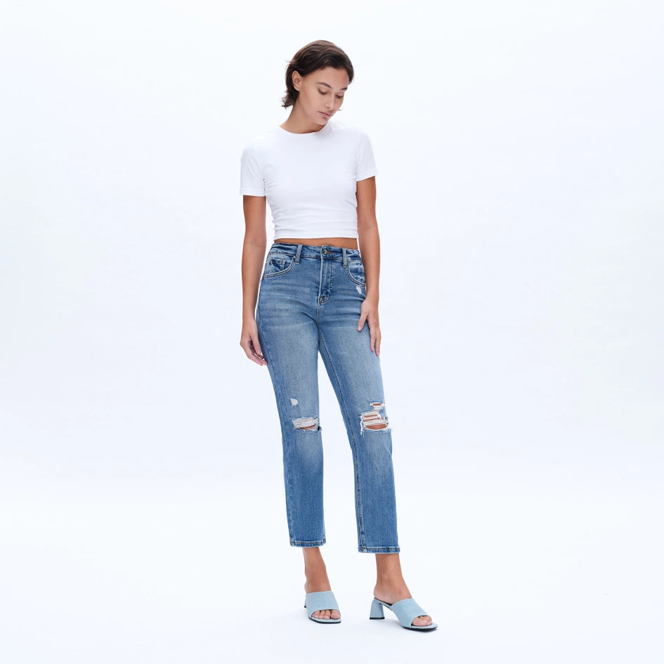 High Rise Crop Straight Jeans with Finished Hem CRYSTAL-Jeans-BAYEAS-24-CRYSTAL-Urbanheer