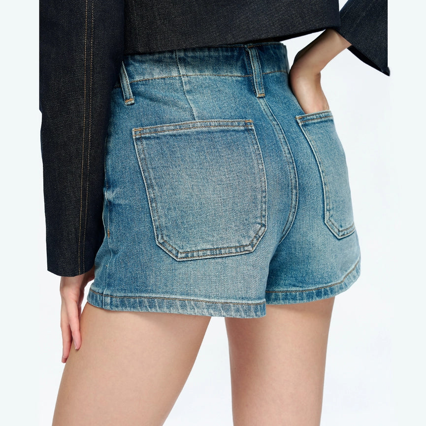 High Rise Denim Shorts with Finished Hem TURQUOISE-Shorts-BAYEAS-24-TURQUOISE-Urbanheer