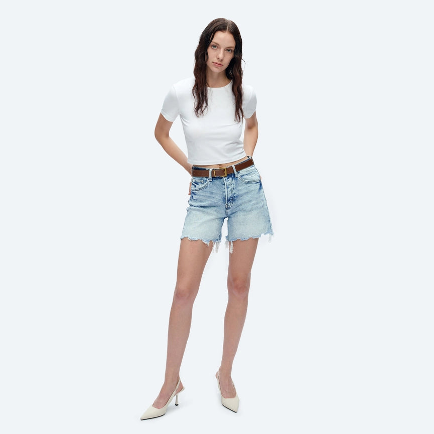 High Rise Denim Shorts with Frayed Hem SKY LIGHT-Shorts-BAYEAS-XS-SKY LIGHT-Urbanheer