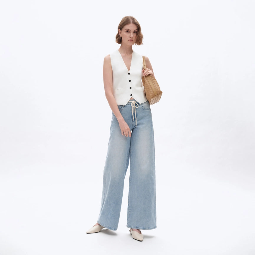 High Rise Drawstring Denim Jeans with Finished Hem LIGHT BLUE-Jeans-BAYEAS-24-LIGHT BLUE-Urbanheer