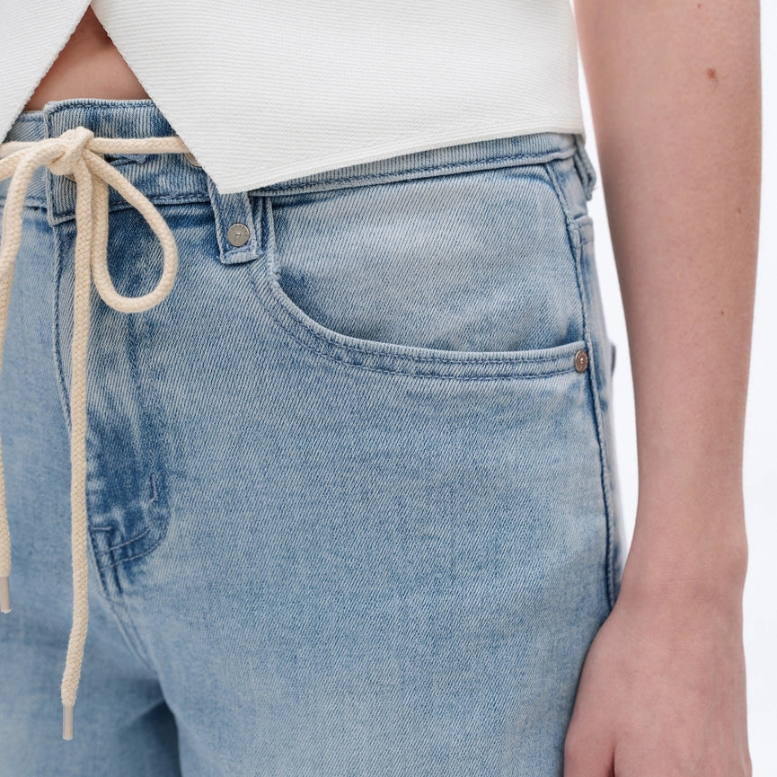 High Rise Drawstring Denim Jeans with Finished Hem LIGHT BLUE-Jeans-BAYEAS-24-LIGHT BLUE-Urbanheer