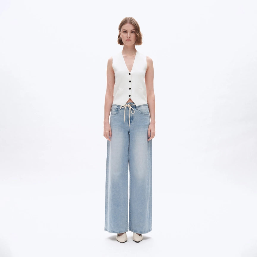 High Rise Drawstring Denim Jeans with Finished Hem LIGHT BLUE-Jeans-BAYEAS-24-LIGHT BLUE-Urbanheer