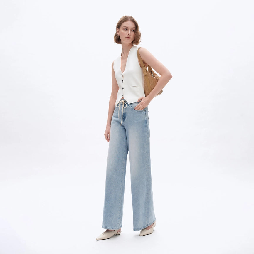High Rise Drawstring Denim Jeans with Finished Hem LIGHT BLUE-Jeans-BAYEAS-24-LIGHT BLUE-Urbanheer