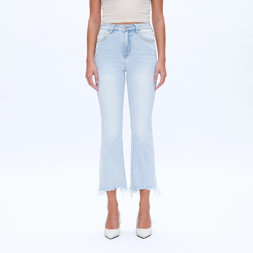 High Rise Flare Denim Jeans with Frayed Hem LIGHT BLUE-Jeans-BAYEAS-24-LIGHT BLUE-Urbanheer