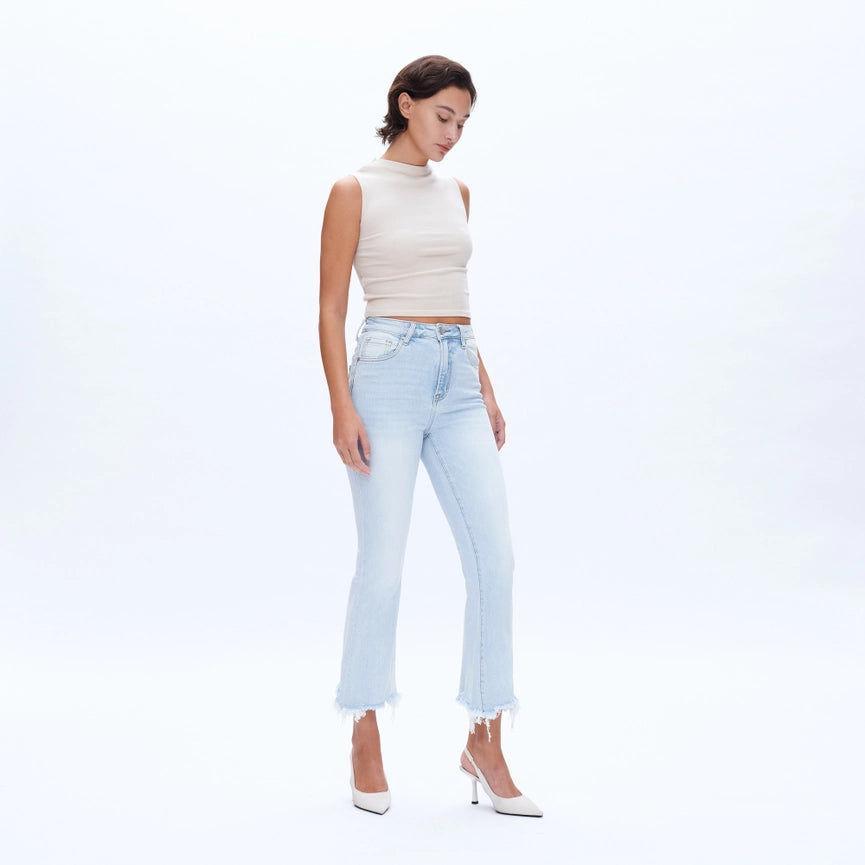 High Rise Flare Denim Jeans with Frayed Hem LIGHT BLUE-Jeans-BAYEAS-24-LIGHT BLUE-Urbanheer