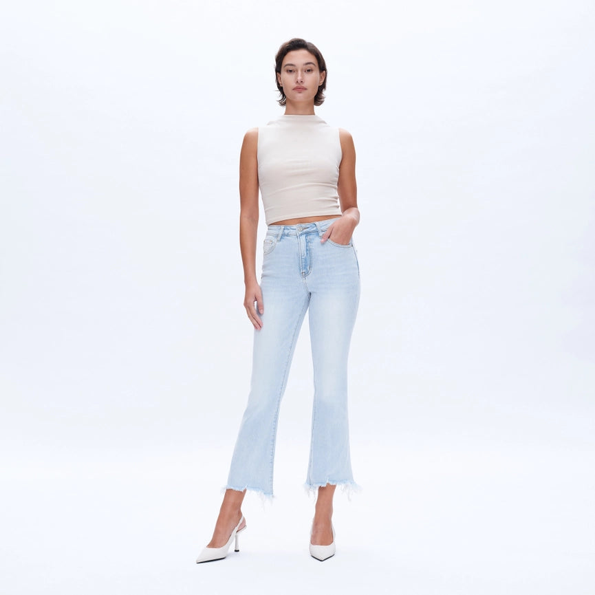High Rise Flare Denim Jeans with Frayed Hem LIGHT BLUE-Jeans-BAYEAS-24-LIGHT BLUE-Urbanheer