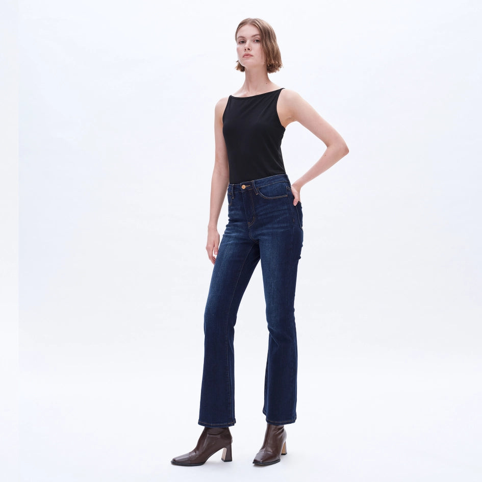 High Rise Flare Jeans with Finished Hem DARK WASH-Jeans-BAYEAS-26-DARK WASH-Urbanheer