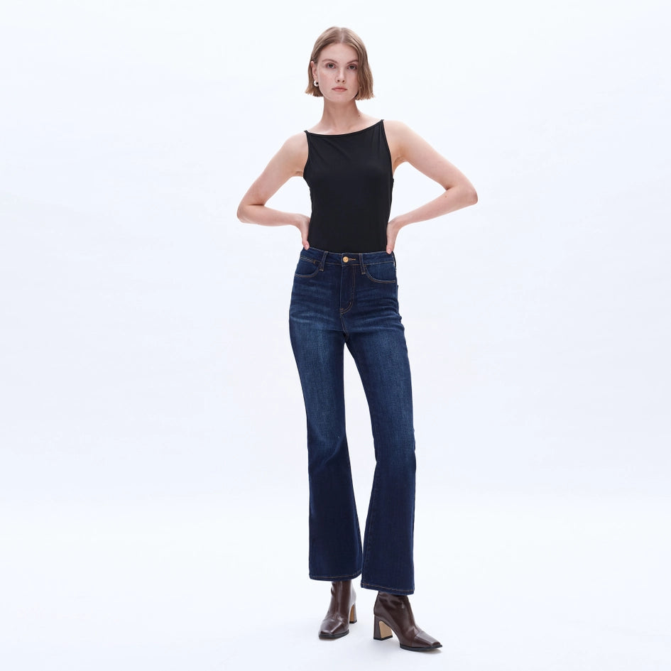 High Rise Flare Jeans with Finished Hem DARK WASH-Jeans-BAYEAS-26-DARK WASH-Urbanheer