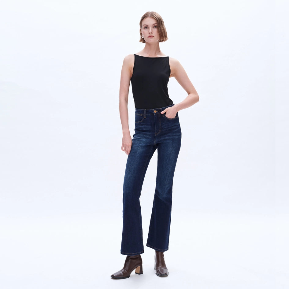 High Rise Flare Jeans with Finished Hem DARK WASH-Jeans-BAYEAS-26-DARK WASH-Urbanheer