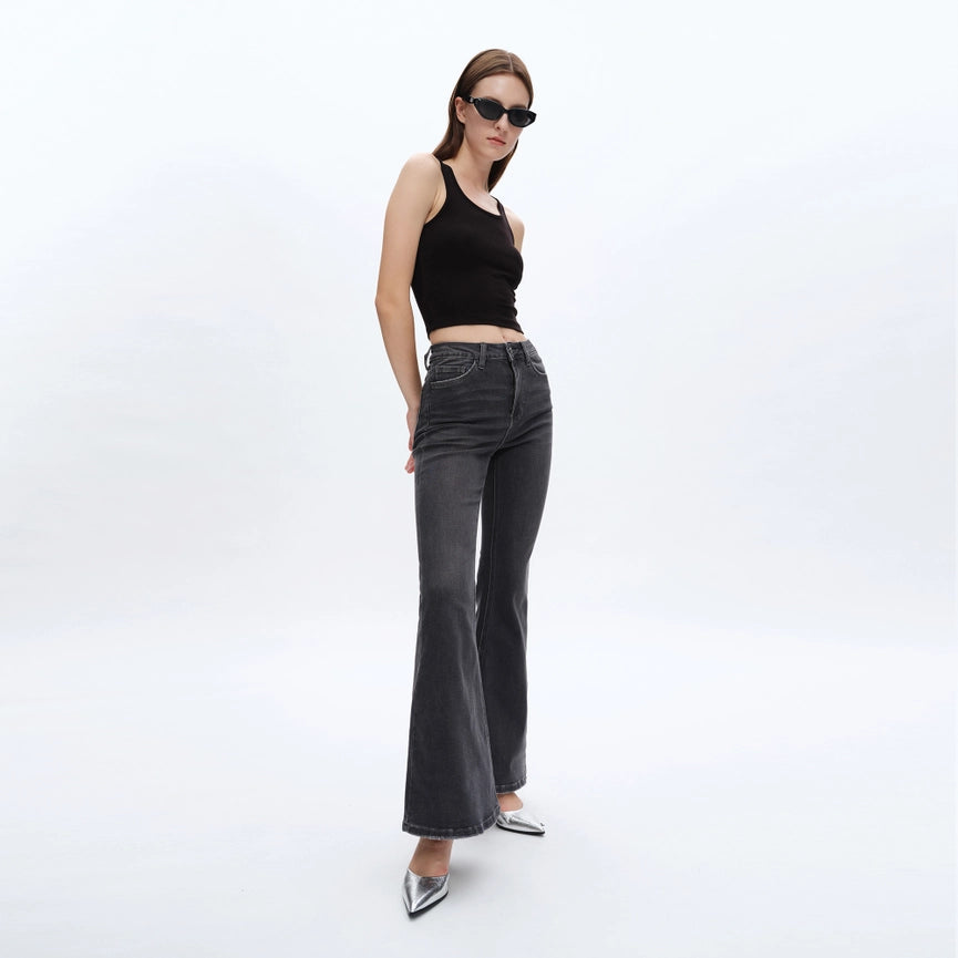 High Rise Flare Jeans with Finished Hem GRAY-Jeans-BAYEAS-24-GRAY-Urbanheer