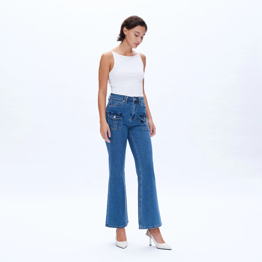 High Rise Flare Jeans with Finished Hem-Jeans-BAYEAS-24-SLEEK-Urbanheer