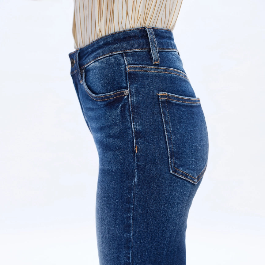 High Rise Flare Jeans with Frayed Hem MEDIUM BLUE-Jeans-BAYEAS-24-MEDIUM BLUE-Urbanheer