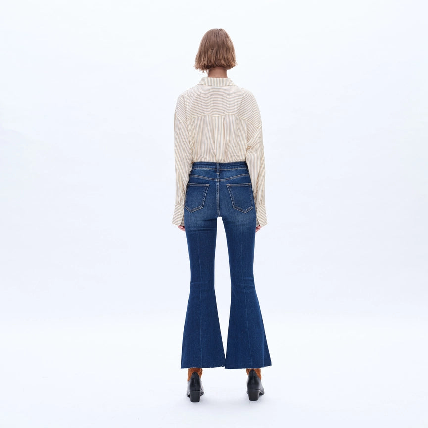 High Rise Flare Jeans with Frayed Hem MEDIUM BLUE-Jeans-BAYEAS-24-MEDIUM BLUE-Urbanheer