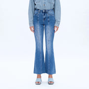 High Rise Flare Jeans with Raw Hem MEDIUM BLUE-Jeans-BAYEAS-24-MEDIUM BLUE-Urbanheer