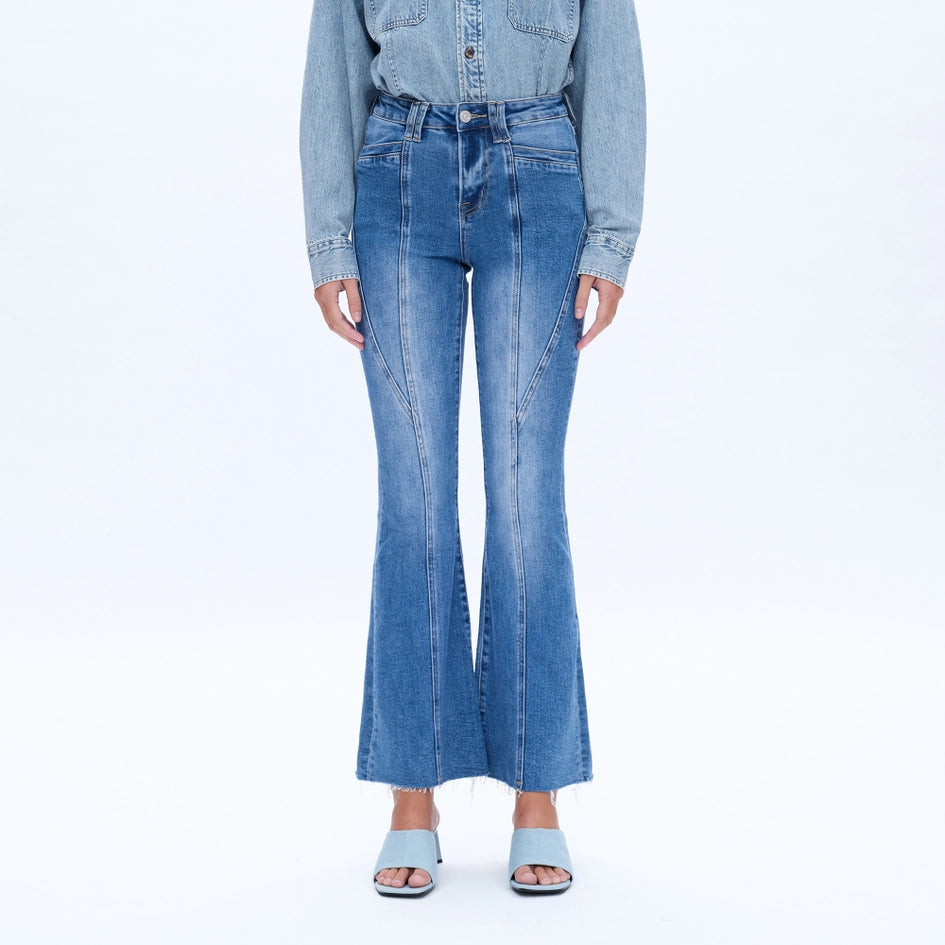 High Rise Flare Jeans with Raw Hem MEDIUM BLUE-Jeans-BAYEAS-24-MEDIUM BLUE-Urbanheer