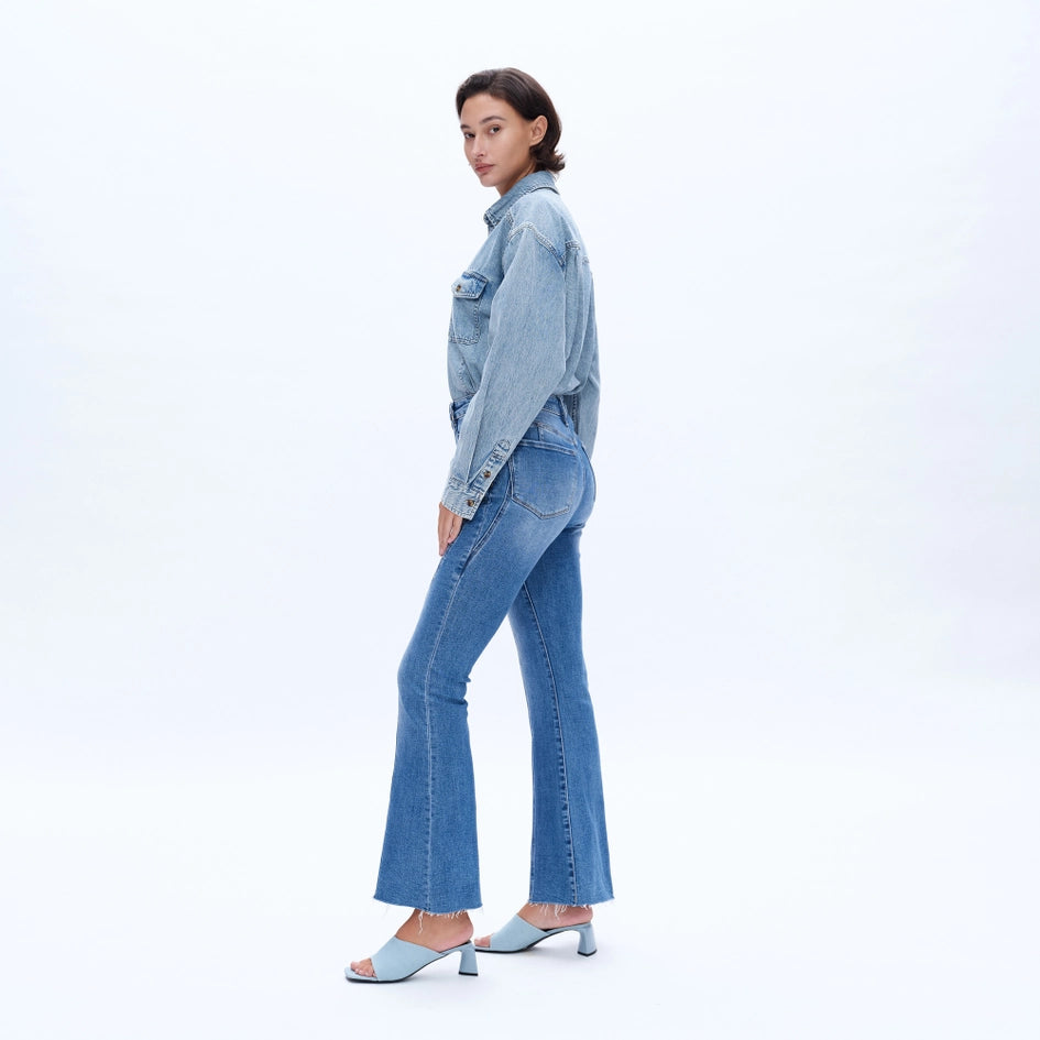 High Rise Flare Jeans with Raw Hem MEDIUM BLUE-Jeans-BAYEAS-24-MEDIUM BLUE-Urbanheer