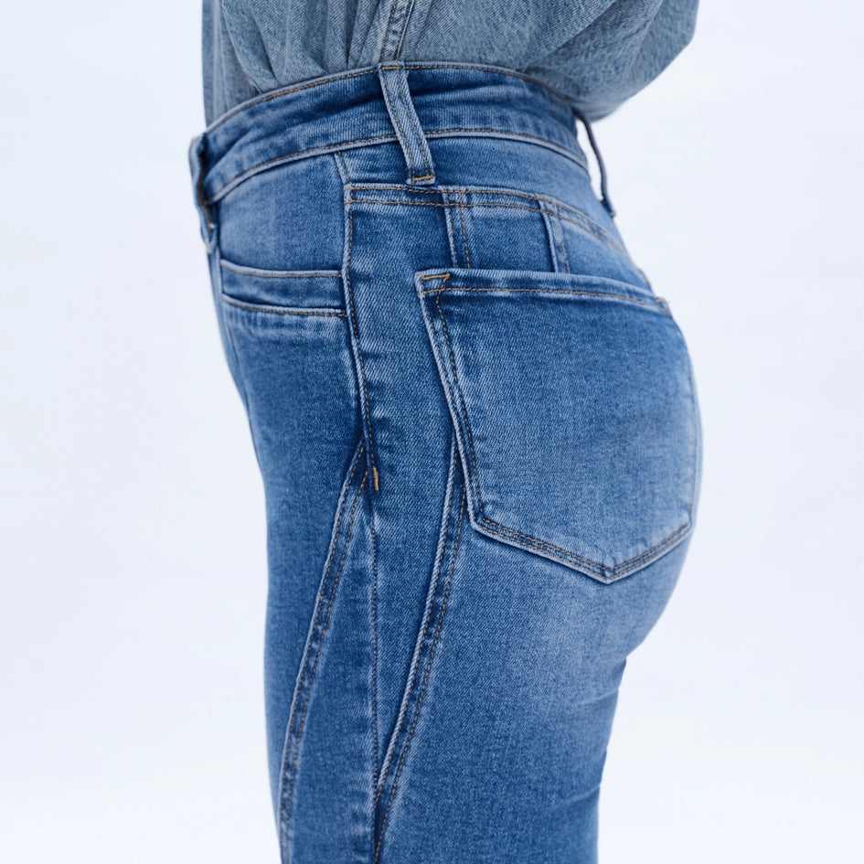 High Rise Flare Jeans with Raw Hem MEDIUM BLUE-Jeans-BAYEAS-24-MEDIUM BLUE-Urbanheer