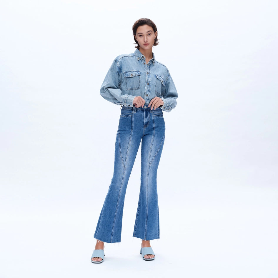 High Rise Flare Jeans with Raw Hem MEDIUM BLUE-Jeans-BAYEAS-24-MEDIUM BLUE-Urbanheer