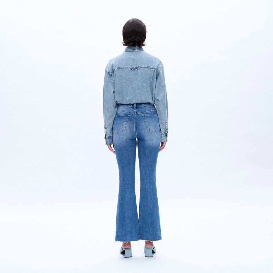High Rise Flare Jeans with Raw Hem MEDIUM BLUE-Jeans-BAYEAS-24-MEDIUM BLUE-Urbanheer