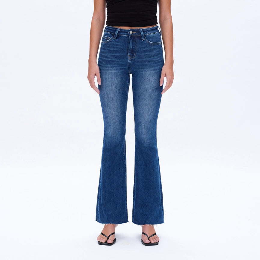 High Rise Flare Jeans with Raw Hem MIDNIGHT THUNDER-Jeans-BAYEAS-24-MIDNIGHT THUNDER-Urbanheer